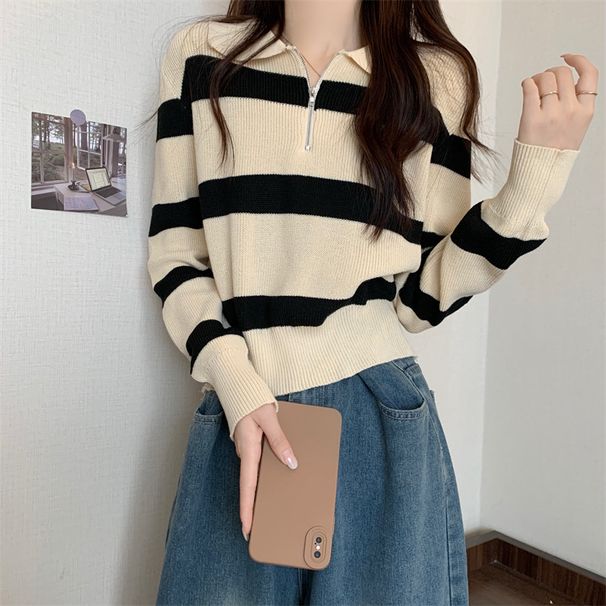 2023 New Style Coat Zipper Sweater Base Shirt Inner Layer Striped Knitwear Women Autumn Long Sleeve Top Winter_ecoleips.com