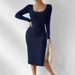 K New European And American Square Neck Long Sleeved Hem Slit Dress For Women_ecoleips.com