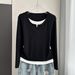 Women's Clothing Plus Size Women's Faux Two Piece Long Sleeved Style Slimming And Flattering Top With Oversized Shoulders For Spring And Autumn_ecoleips.com
