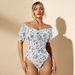 Voya Women's New One Shoulder Floral Bubble Sleeve Jumpsuit With Square Collar And Tie Up Slim Fit Top T-shirt_ecoleips.com