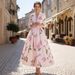2026 . Printed V-neck Waist-Cinching Long-Sleeve A-line Women's Dress, Long Skirt, Artistic, Vintage, Fashionable,_ecoleips.com