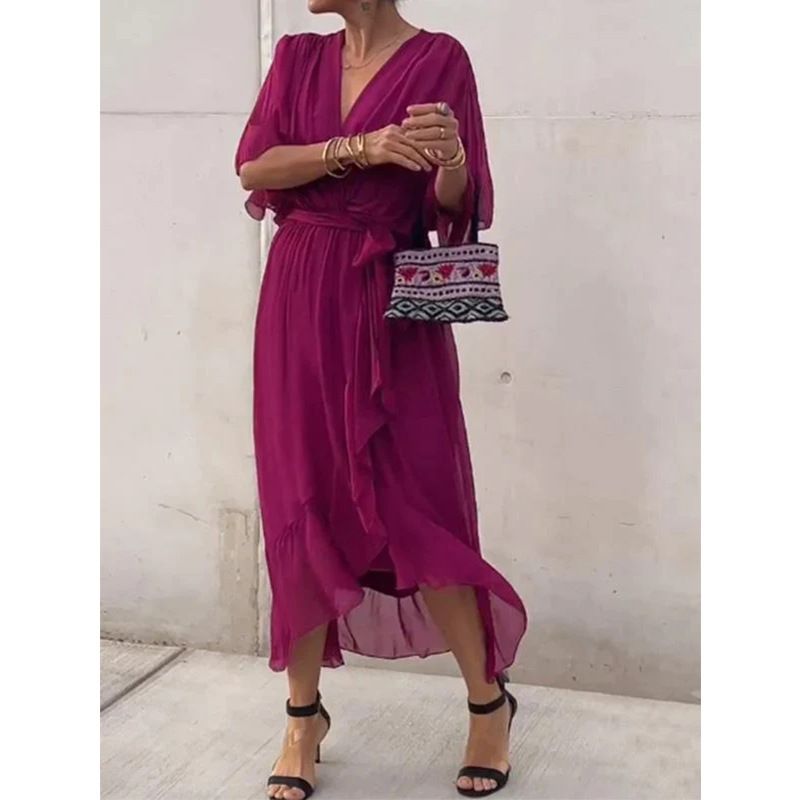 Women's Clothing Solid Color Lace Long Skirt Bat Sleeve Irregular Large Size Dress_ecoleips.com