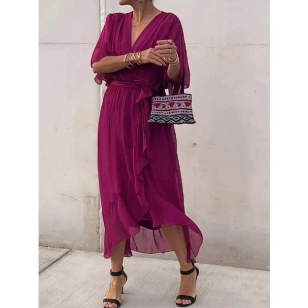 Women's Clothing Solid Color Lace Long Skirt Bat Sleeve Irregular Large Size Dress_ecoleips.com