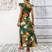 Elegant Floral Split Maxi Dress With V-Neck & Ruffle Sleeves – Lightweight Polyester For Vacation & Beach_ecoleips.com