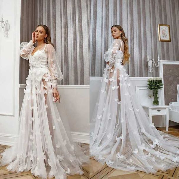 Women's Clothing Three Dimensional Lace Butterfly Mesh High Waist Long Sleeve Mopping V Neck Wedding Dress Bridesmaid Catwalk Long Skirt_ecoleips.com
