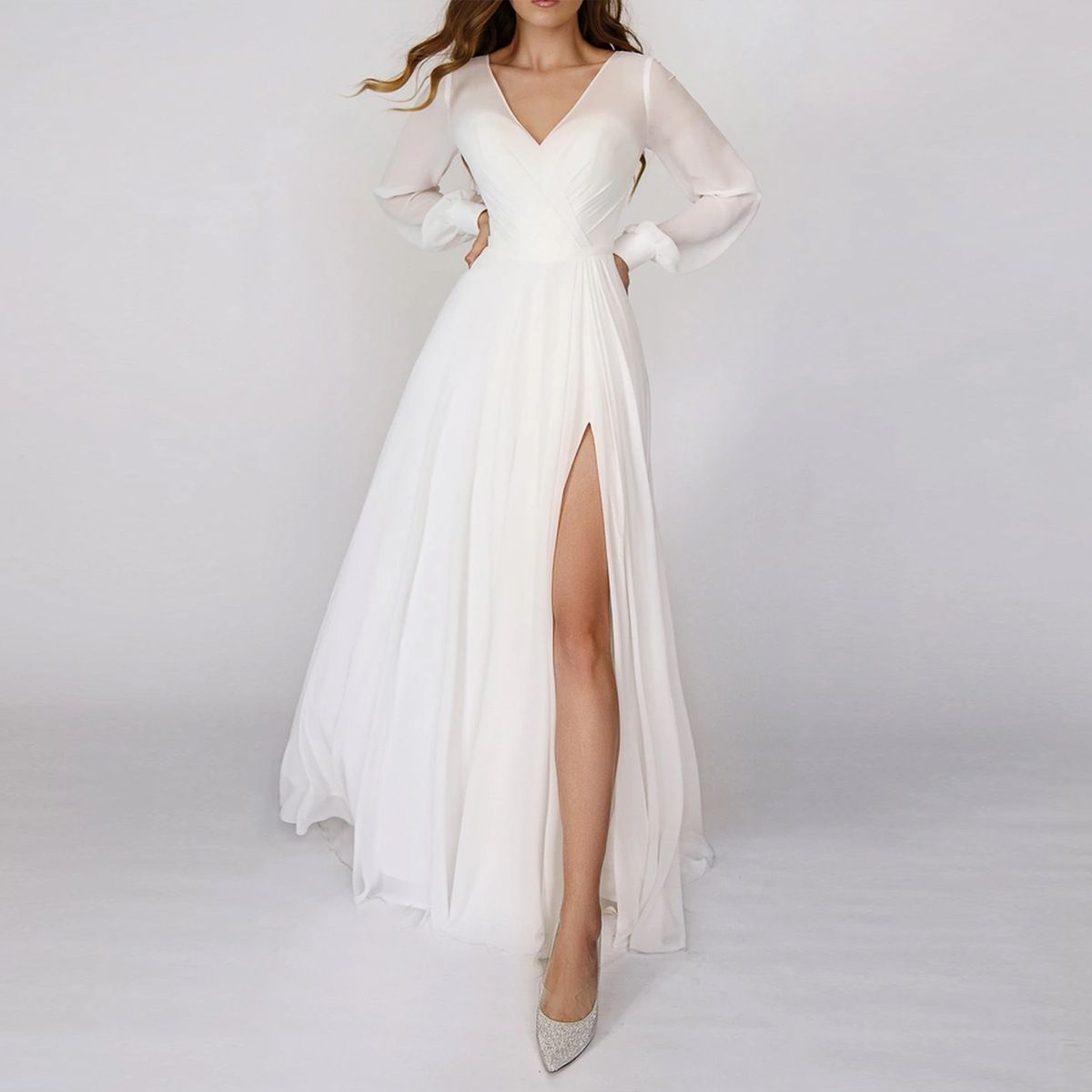 Elegant V-Neck Chiffon Maxi Dress With Flowy Skirt & Long Sleeves – Women's Spring Summer Formal Evening Gown_ecoleips.com