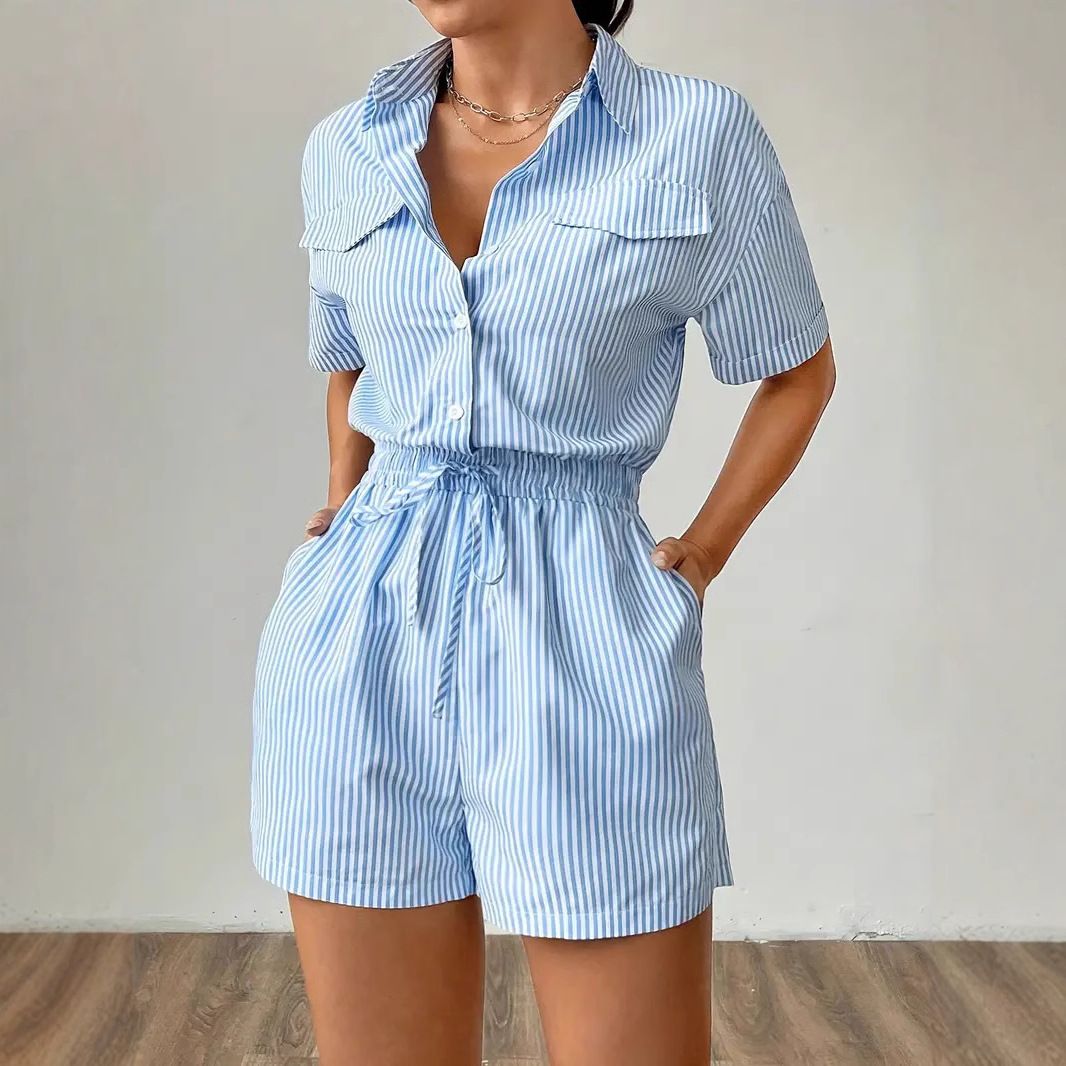 Women's Clothing Striped Button Front Placket Casual Short Sleeved Waist Jumpsuit_ecoleips.com