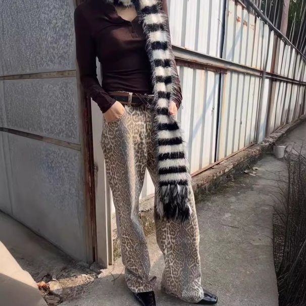 Women's Clothing Retro Leopard Jeans Hip Hop Trend Washed Distressed Wide Leg Straight Trousers Jeans_ecoleips.com
