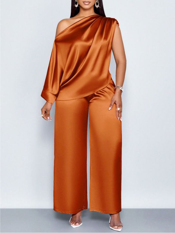 Women's Satin Short Sleeve Lounge Set Slant Neck Summer Comfort Two Piece Outfit_ecoleips.com
