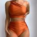 Elegant One-Shoulder Bikini Set – Modest High-Waisted Swimwear With Ruching Detail | UPF 50+ | Caramel/White/Blue/Gray | S/M/L/XL_ecoleips.com