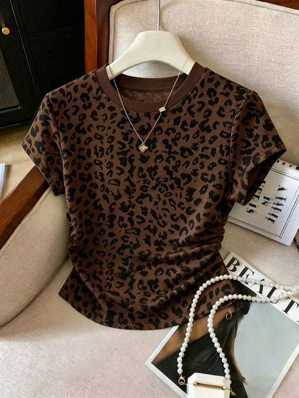 Women's Clothing Summer Y2K Women's Leopard Print Crew Neck Short Sleeve Top Slim Fit Sexy Loose Casual Flattering T-Shirt_ecoleips.com