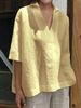 Women's Clothing Spring And Summer V Neck Cotton And Linen All Match Solid Color Large Size Loose Mid Sleeve Women's Shirt_ecoleips.com