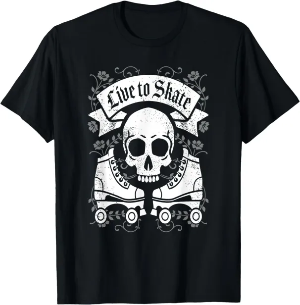 Women's T-Shirts Skull And Skates Live To Skate Goth Punk Roller Derby T-Shirt_ecoleips.com