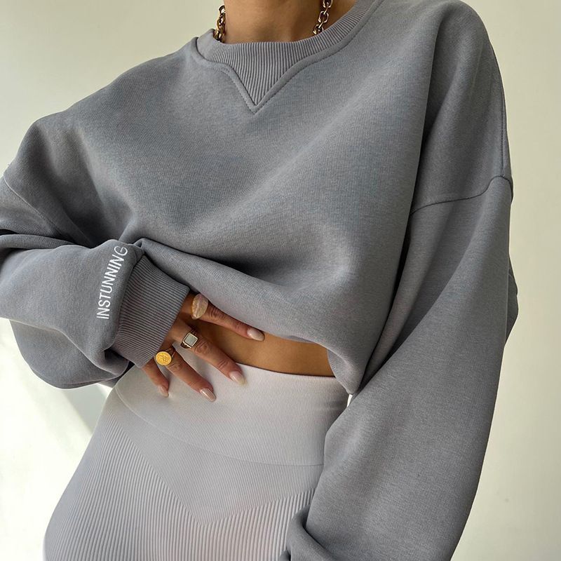Women's Clothing All Match Solid Color Sweatshirt Commuting Printed Autumn Tops Casual Fashion Loose Sweatshirt_ecoleips.com