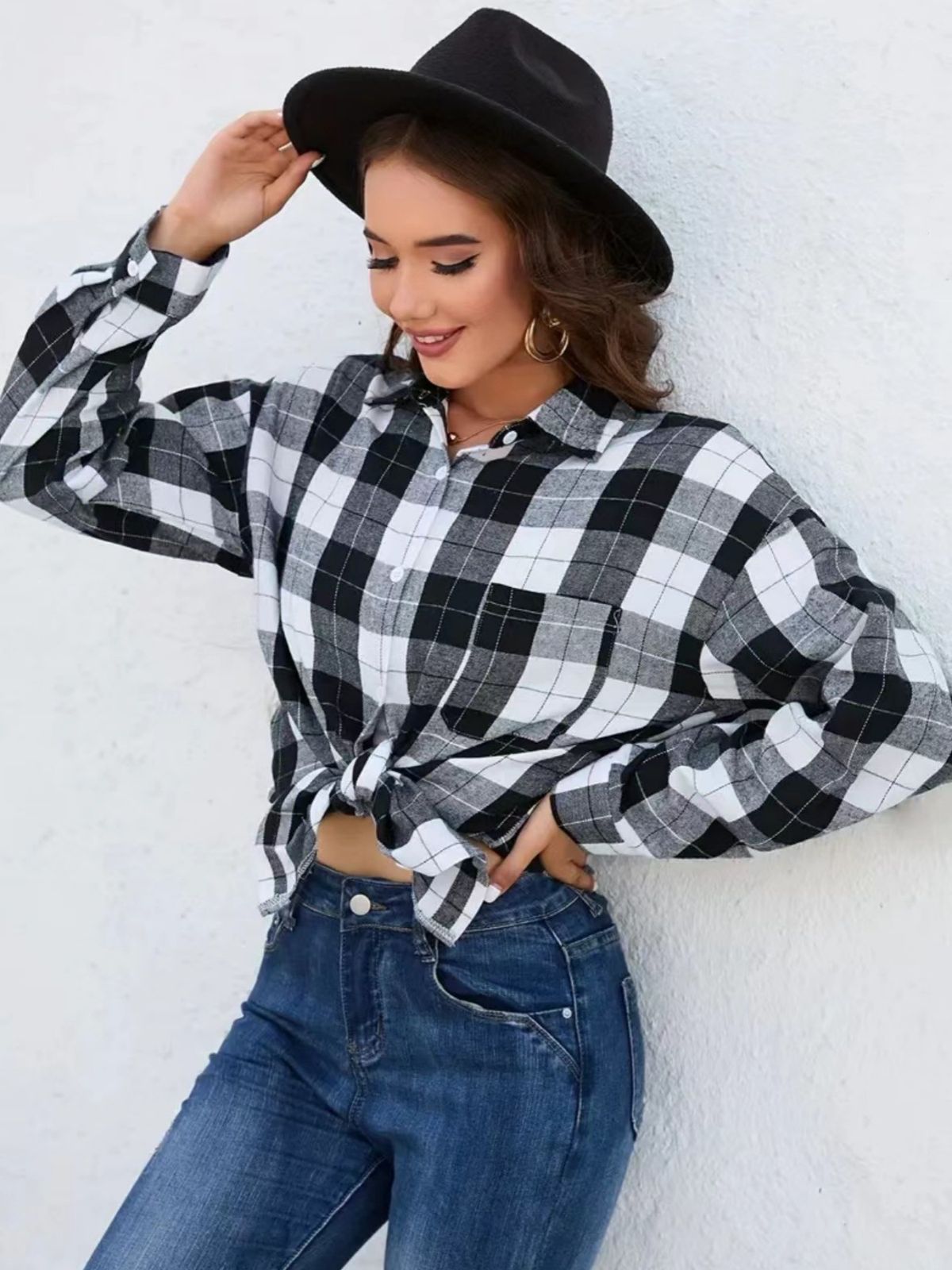 Spring Women's Casual Fashion Shirt With Checkered Pattern, Long Sleeves, And Turned-Down Collar_ecoleips.com