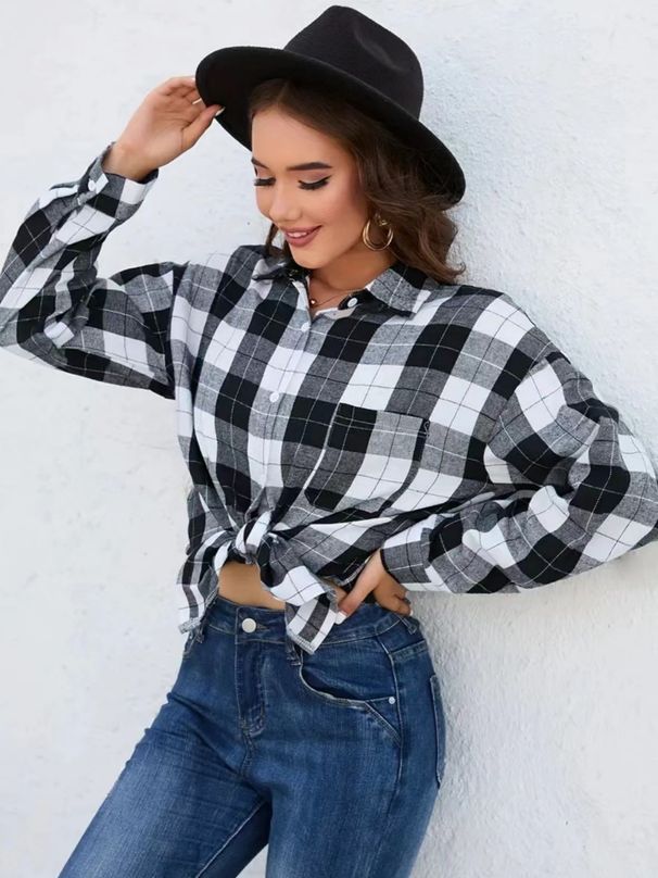 Spring Women's Casual Fashion Shirt With Checkered Pattern, Long Sleeves, And Turned-Down Collar_ecoleips.com