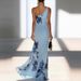 Blue Floral Print One Shoulder Long Dress American Style Elegant Classy Banquet_ecoleips.com