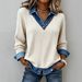 Denim Collar Knit Sweater - Fake Two-Piece V-Neck Ribbed Long Sleeve Casual Top For Women_ecoleips.com