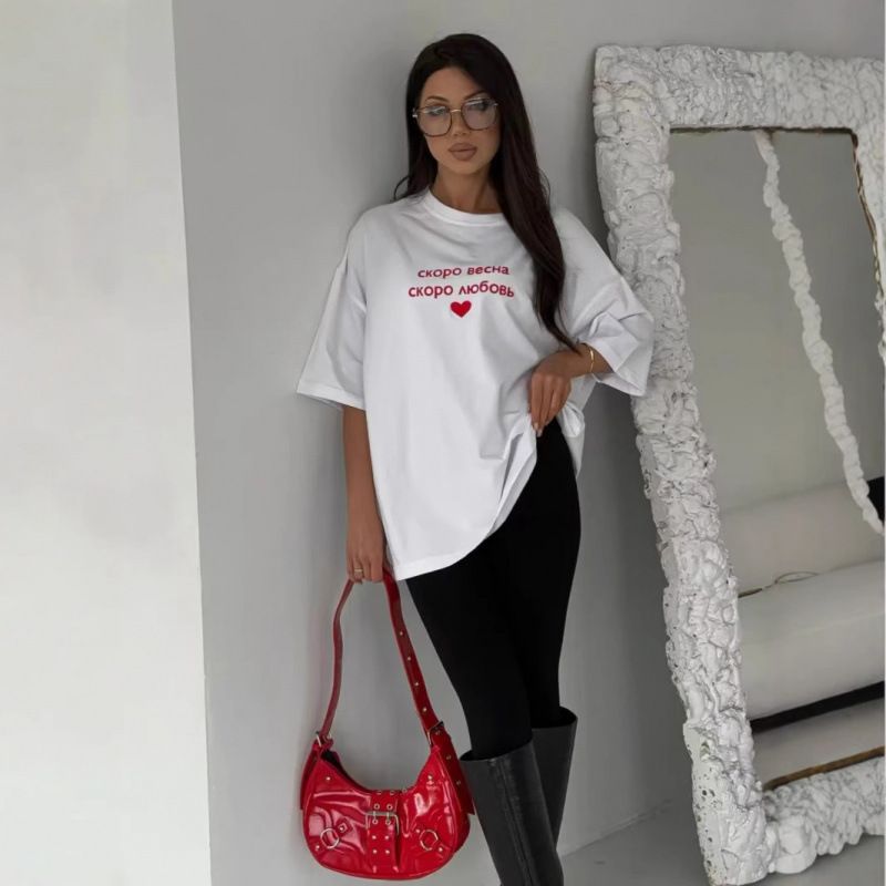 Simple Stylish Letter And Heart Print Oversized "no Pants" Look 100% Cotton Short-sleeve T-shirt Fashion Top_ecoleips.com