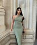 AC022 European And American Summer New Women's Solid Color One-Shoulder Sleeveless Ruched Slit Elegant Dress_ecoleips.com