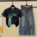 Women's Clothing New Beaded Bow Short-sleeved T-shirt With Split Raw Edge Denim Skirt_ecoleips.com