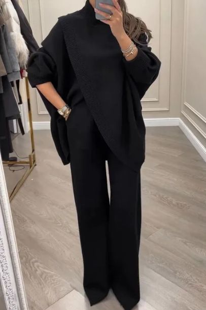 Women's Clothing Solid Color V Neck Single Breasted Slim Fitting Knitted Sweater Two Piece Set_ecoleips.com