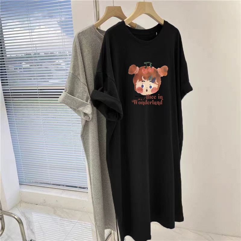 Cute Cartoon Print Summer Sweet Style Casual Oversized Loose Short Sleeved Dress For Women_ecoleips.com