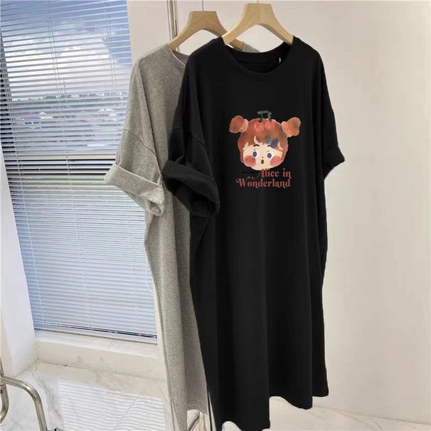 Cute Cartoon Print Summer Sweet Style Casual Oversized Loose Short Sleeved Dress For Women_ecoleips.com