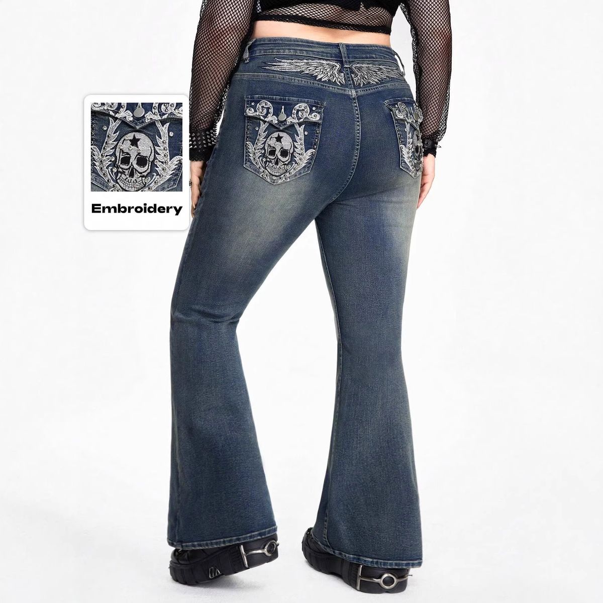 High Waisted Flared Jeans for Women Punk Style Sexy Skull Embroidery plus Size Denim Jeans Factory Direct in Stock_ecoleips.com
