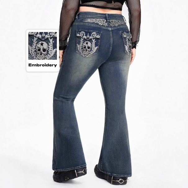 High Waisted Flared Jeans for Women Punk Style Sexy Skull Embroidery plus Size Denim Jeans Factory Direct in Stock_ecoleips.com