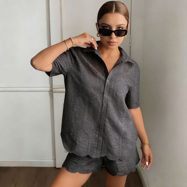 Women's Summer Beach Two Piece Set Openwork Sun Protection Cardigan Top With Short Sleeves And Matching Shorts_ecoleips.com