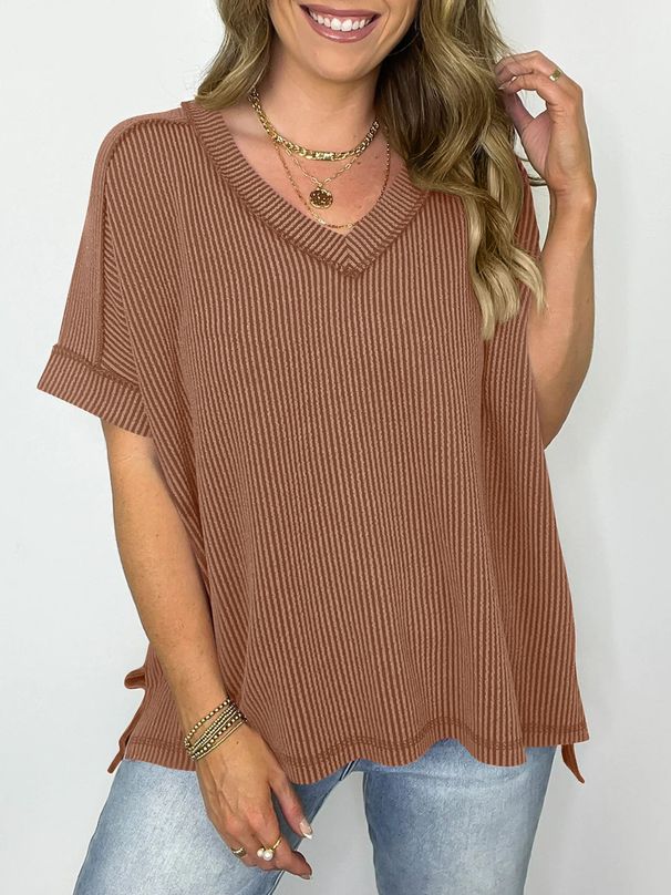 Women's Clothing New Twisted Stripe V Neck Bat Sleeve Splicing Slit Pullover T Shirt For Women_ecoleips.com