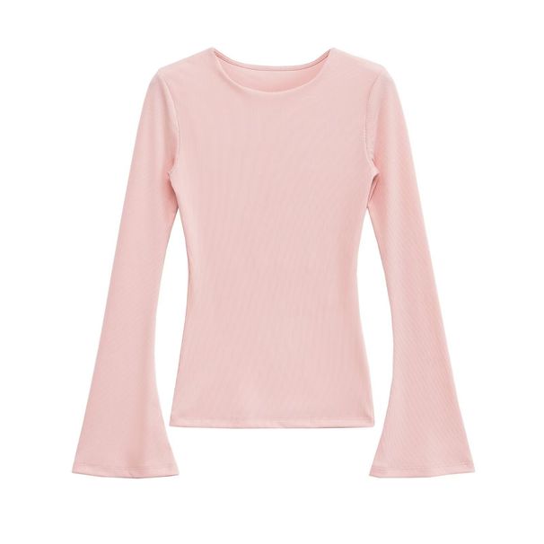 Stylish Ribbed Flare T-Shirt For Women - Soft & Comfortable, Versatile Casual Wear, Loose Fit, Long Sleeve, Round Neck (Pink/Black/Brown, S/M/L)_ecoleips.com
