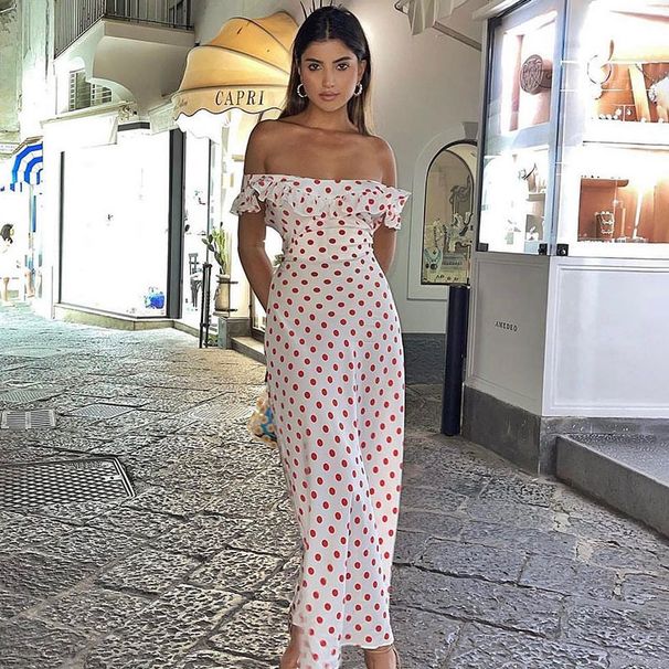 2025 New European And American Style Polka Dot Off-Shoulder Slim-Fit Long Dress Women's Clothing Wholesale_ecoleips.com