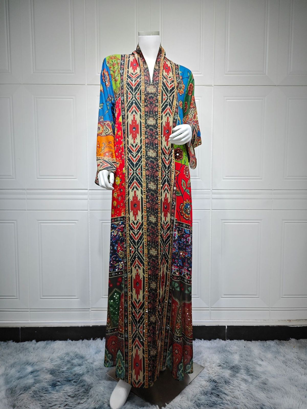 Elegant Long Arabic Abaya Dress With Dubai-Inspired Floral Print & Embellishments - Breathable Polyester Chiffon For Women (S-Xxl)_ecoleips.com