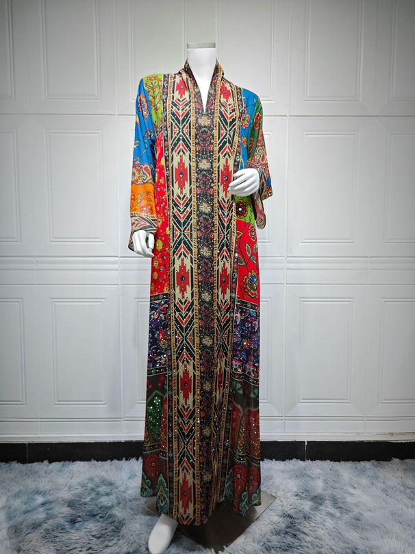 Elegant Long Arabic Abaya Dress With Dubai-Inspired Floral Print & Embellishments - Breathable Polyester Chiffon For Women (S-Xxl)_ecoleips.com