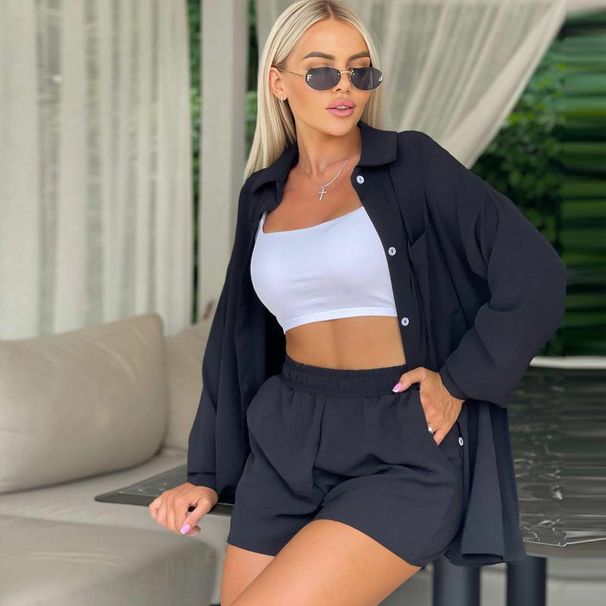 Women's Clothing ladies long-sleeved shorts loose casual women's clothing two-piece suit_ecoleips.com