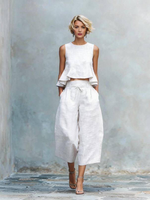 Summer Women's Linen Blend Two Piece Set European American Style Ruffled Trim in Stock Cross Border Independent Website_ecoleips.com