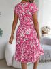 Elegant Floral Short Sleeved Pleated Dress Women Round Neck Medium Long Spring Summer Causal A Line Dress_ecoleips.com