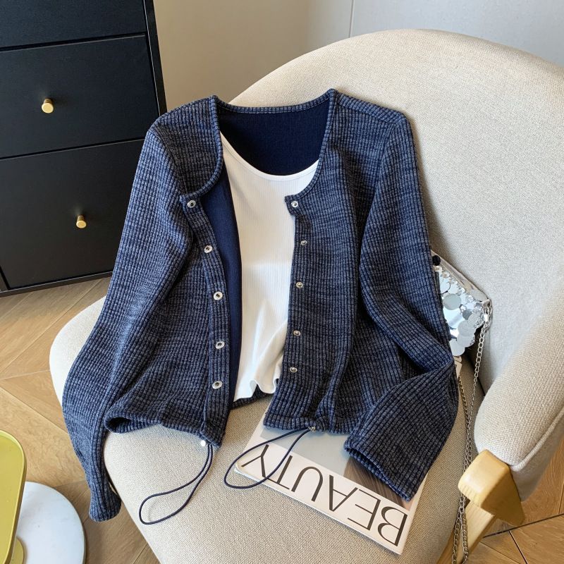 Women's Clothing Women's Faux Two Piece Set Casual Versatile Drawstring Cardigan Round Neck Long Sleeved T-Shirt Top Style Relaxed Fit_ecoleips.com