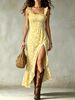 Floral Print Square Neck Slit Midi Dress With Ruffle Trim, Adjustable Spaghetti Strap Sundress For Vacation_ecoleips.com