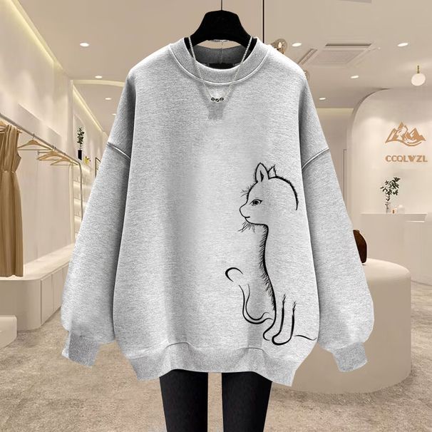 Women's European Style Casual Sweatshirt Fleece Lined Thickened round Neck Pullover Fashionable Cartoon Print Autumn Winter Top_ecoleips.com