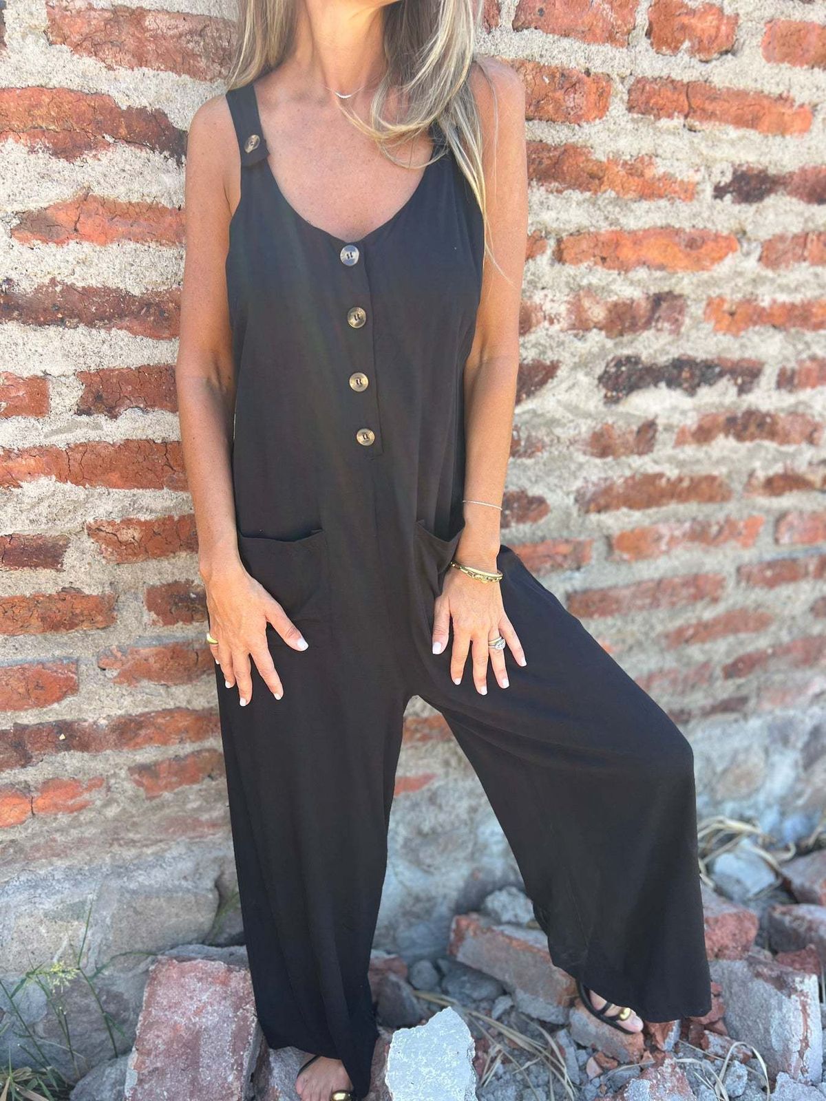 Summer New Women's Casual Bib Jumpsuit Loose Fit Solid Color Button Insert Pocket_ecoleips.com