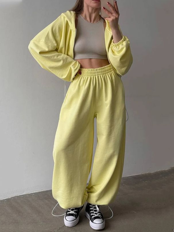 Casual Suit Women's Solid Color Long-sleeved Lace-up Waist Hooded Cardigan Elastic Pants Two-piece Set_ecoleips.com