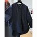 Navy Blue Striped Round-neck Long-sleeve Shirt Women, Korean Style, Simple And Elegant, Loose Casual Top For Autumn_ecoleips.com
