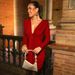 Women Elegant Bodycon Long Dress, Deep V‑Neck Long Sleeve Design, Floating Ribbon & Waist Ruched Detail_ecoleips.com