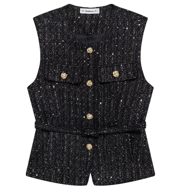 European And American Women's Clothing Popular Style With Belt And Sequins Textured Vest_ecoleips.com
