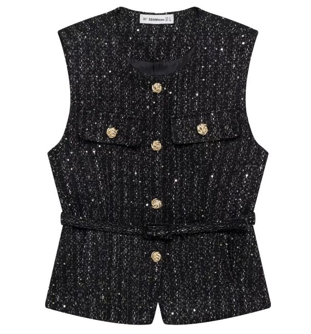European And American Women's Clothing Popular Style With Belt And Sequins Textured Vest_ecoleips.com
