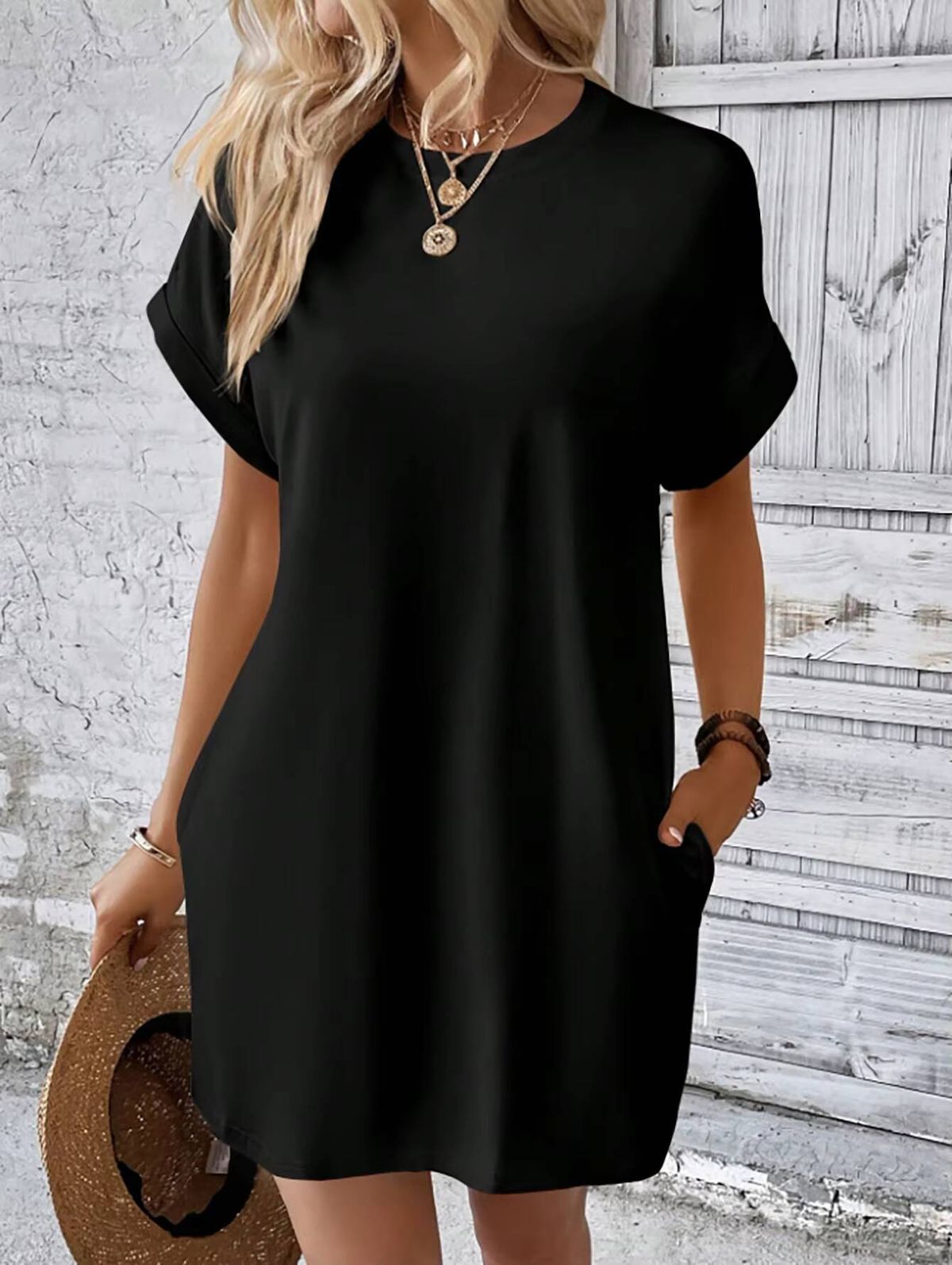 Mini Dress Spring Summer Women Black Short Sleeve Round Neck Loose Casual T-Shirt Dress With Pockets_ecoleips.com