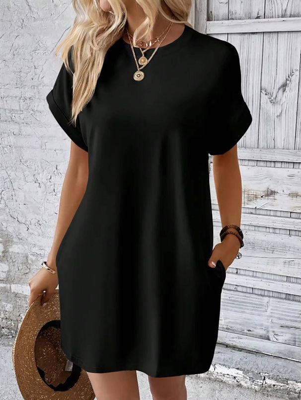 Mini Dress Spring Summer Women Black Short Sleeve Round Neck Loose Casual T-Shirt Dress With Pockets_ecoleips.com